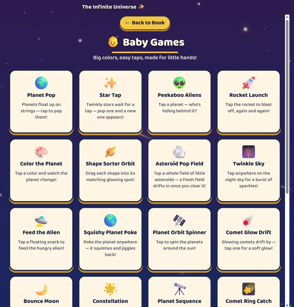 The Baby Games screen: a grid of simple tap games including Planet Pop, Star Tap and Peekaboo Aliens.