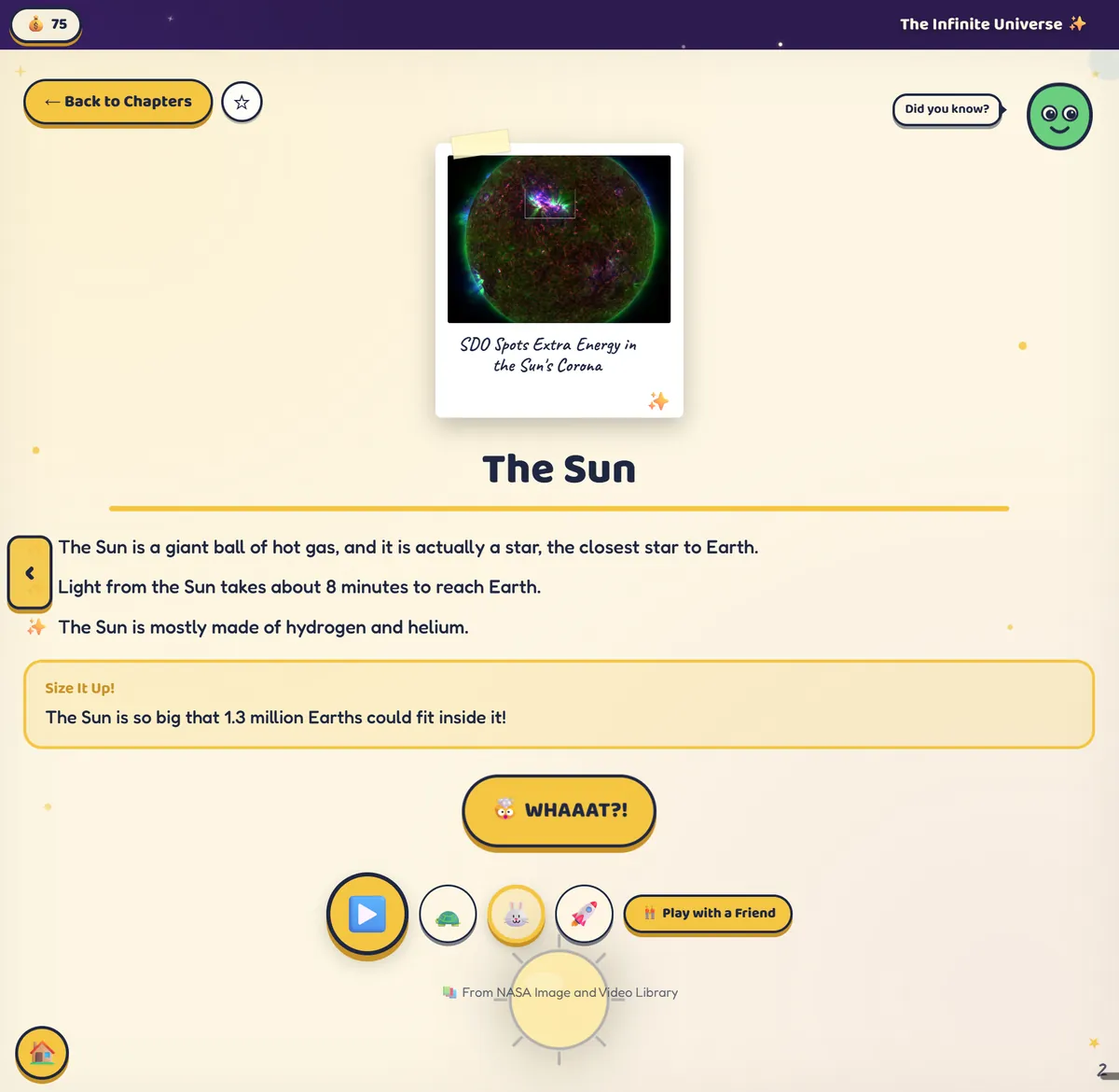 A chapter about the Sun, with a NASA photograph, three plain-language facts, and read-aloud playback controls.