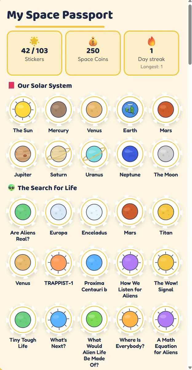 The Space Passport screen showing 42 of 103 stickers collected, 250 space coins, and a day streak.
