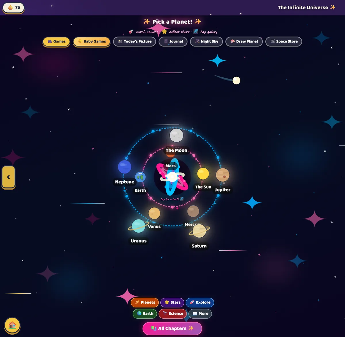 The planet picker: the Sun, the Moon and the eight planets orbiting in a star field, each one a chapter.